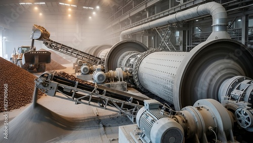 Industrial plant, focusing on rotary kilns, conveyors, and loaders in an dusty environment