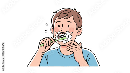 Young man practicing daily oral hygiene routine by brushing his teeth with a toothbrush and foamy toothpaste
