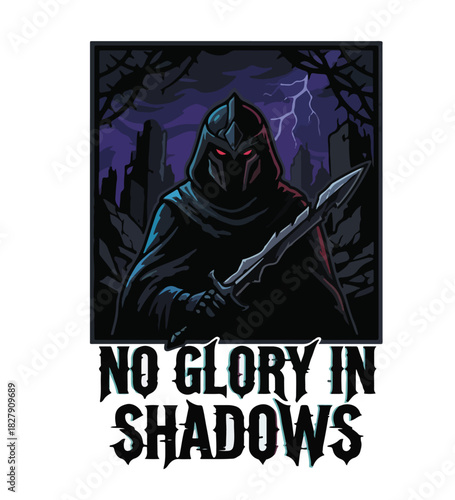 A mysterious cloaked warrior with glowing red eyes holds a dagger in a stormy, ruined city with text below.