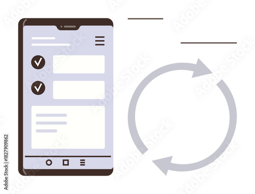 Smartphone screen displaying a to-do list with completed tasks and sync arrows for data updates. Ideal for productivity, technology, automation, organization, app development, data exchange, simple