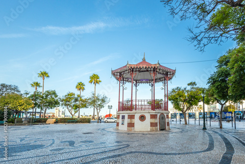 Gazebo in a sunny public square in Faro, Algarve, Portugal