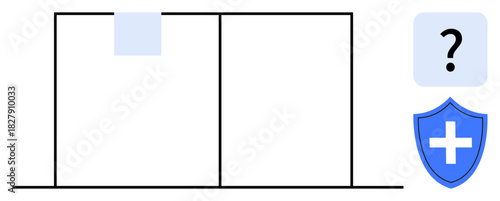 Two sections representing data comparison, shield symbol for healthcare security, question mark for inquiry. Ideal for medical record management, privacy, analysis, protection, data encryption