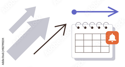 Arrows pointing upward and forward beside a calendar with notification bell. Ideal for time management, planning, reminders, progress tracking, deadlines, organization, business growth. Simple flat