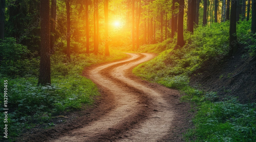 Obraz premium Sunlit forest path winding through trees (13)