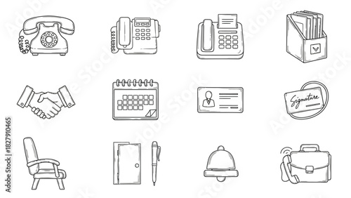 Office icons: telephone, handshake, calendar, chair, bell, briefcase.