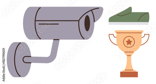 Surveillance camera, trophy with star, and a green shoe. Ideal for security, achievement, surveillance, success, competition tracking and journey. Clean design as simple flat metaphor