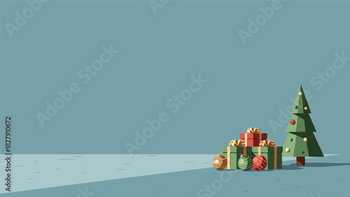 Festive Christmas illustration with decorated tree and gift boxes, evoking holiday cheer and winter celebration