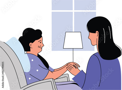 Caring Daughter Holding Hand of Smiling Elderly Mother Resting Comfortably in Hospital Bed