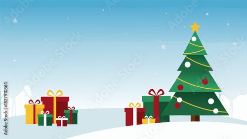 Festive Christmas illustration A charming winter wonderland scene with a decorated tree and colorful gift boxes, ideal for holiday vector designs