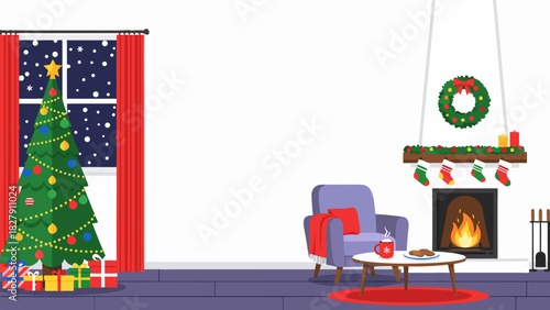 A festive illustration of a cozy Christmas living room interior with a fireplace, decorated tree, and presents by a snowy window