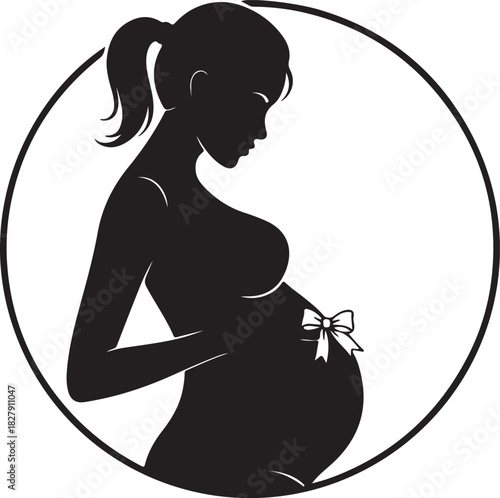 Elegant pregnant woman silhouette with bow on belly in circle