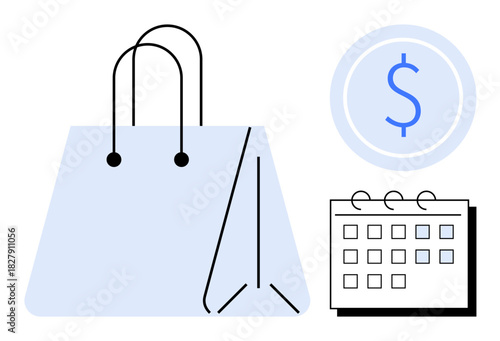 Shopping bag, dollar coin, and calendar visualizing retail, budgeting, financial planning, product launches, e-commerce, sales management and organized shopping. Minimalist flat metaphor