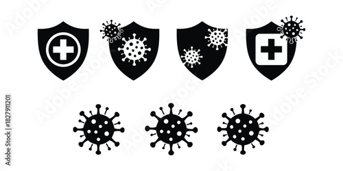 Set of immune system and virus protection shield icons for health defense and medical safety