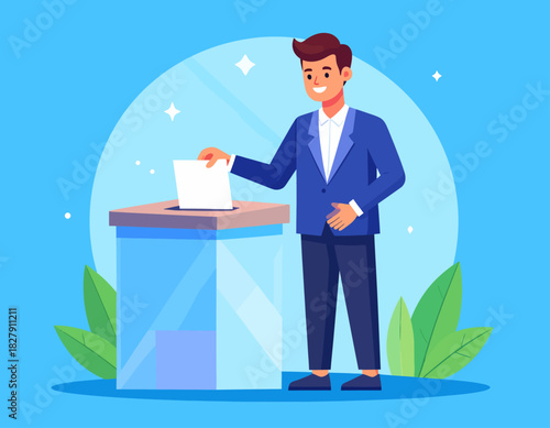 Man in blue suit casts his vote by inserting a ballot into a transparent box, set against a blue background.