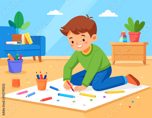 A young boy is happily drawing on a large sheet of paper on the floor, surrounded by colorful markers in a bright, cheerful room.