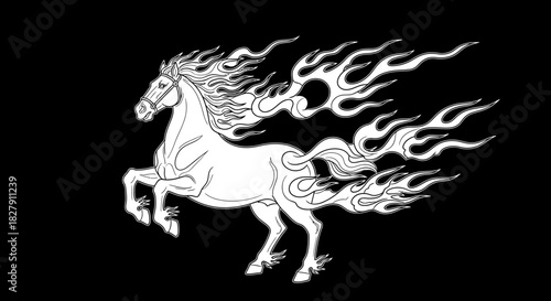 A powerful white stallion with a fiery mane and tail rears up. This mythical horse illustration on a black background symbolizes strength, spirit, and wild energy