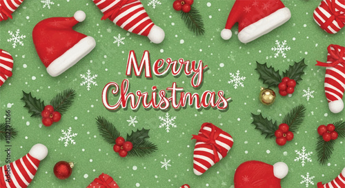 Merry Christmas text with festive holiday elements.