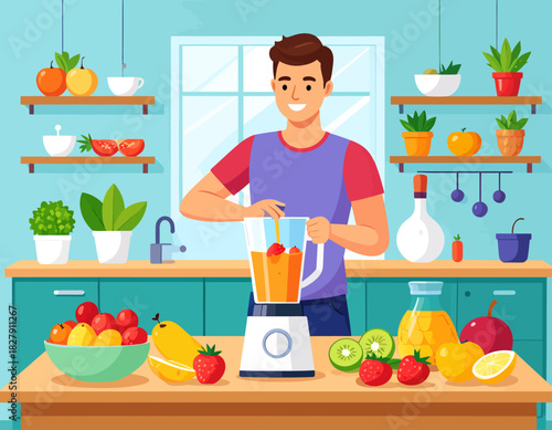 A smiling man prepares a healthy smoothie in a bright kitchen, adding fruit to a blender filled with juice.