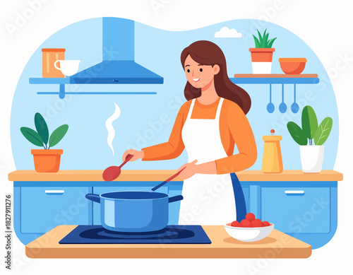 A woman in a kitchen stirs a pot on the stove with a spoon, preparing a meal with fresh ingredients.
