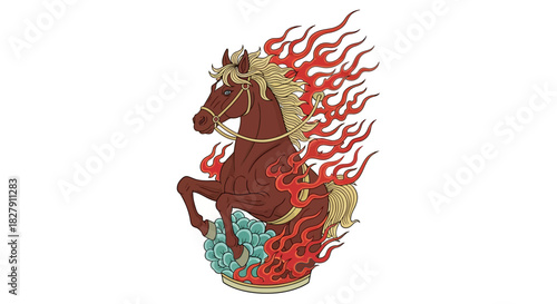 Mythical Fire Horse Rearing Upward, Flame Mane, Powerful Equestrian Symbol, Fantasy Artwork, Dynamic Illustration for Design and Branding