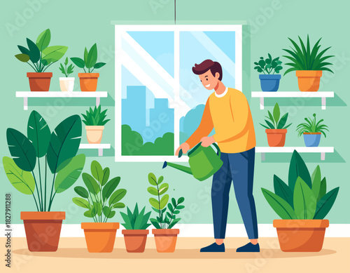 A man in a yellow sweater waters potted plants indoors near a window, with shelves displaying more plants in the background.