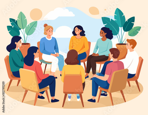 A group of diverse people are sitting in a circle on chairs, talking and supporting each other in a therapy or support group setting.