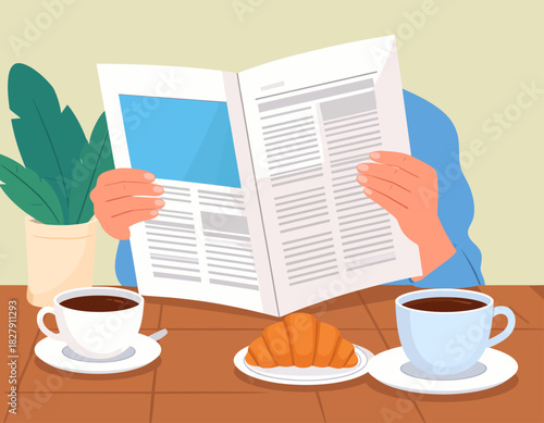 Illustration of a person reading a newspaper at a table with coffee cups, croissant, and a potted plant.