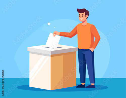 Man smiling and casting his vote by inserting a ballot into a box, set against a light blue background.