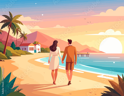 A couple walks hand-in-hand along a sandy beach at sunset, with palm trees, mountains, and a small house in the background.