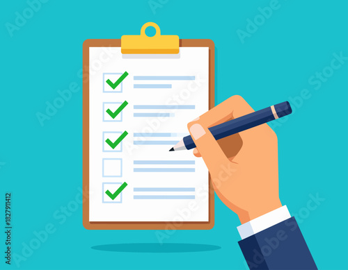 Hand holding a pen marks a checklist with green checkmarks on a clipboard against a blue background.