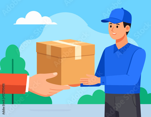 A delivery man in a blue uniform hands a cardboard package to a waiting recipient against a bright, outdoor backdrop.