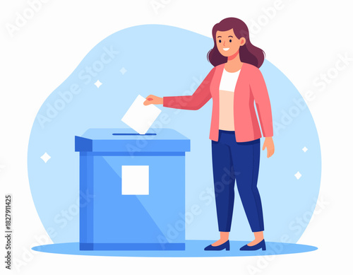A woman smiles as she drops her ballot into a blue ballot box during an election process, symbolizing civic duty and participation.