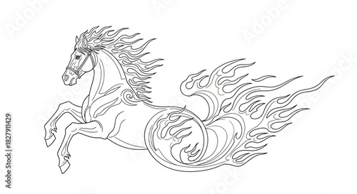 Intricate outline drawing of a majestic mythical horse, its powerful form transforming into dynamic fiery elements, perfect for fantasy themes and creative projects