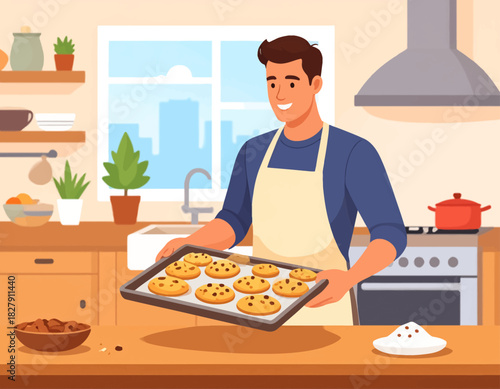 A smiling man wearing an apron holds a baking sheet of freshly baked chocolate chip cookies in a bright, modern kitchen.