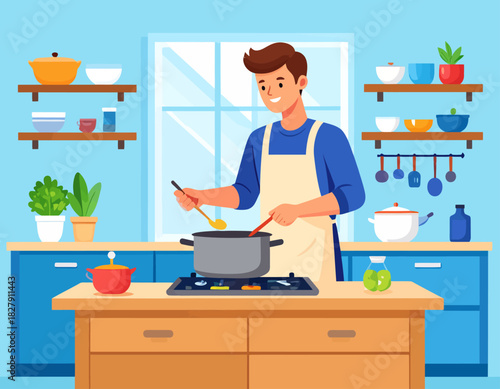 Cartoon illustration of a man cooking in a kitchen, stirring a pot on the stove with cooking utensils.