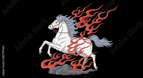 Fiery White Stallion Majestic Horse in Flames Illustration on a Black Background, Symbolizing Power and Mythology