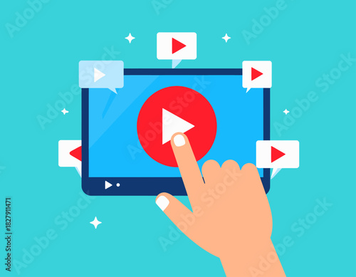 A hand touches a tablet screen with a large red play button, surrounded by speech bubbles with play icons, on a blue background.