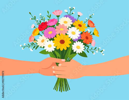 Two hands exchanging a colorful bouquet of flowers against a light blue background.