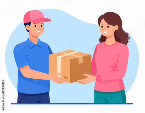 A delivery man hands a cardboard box to a smiling woman, illustrating package delivery service.