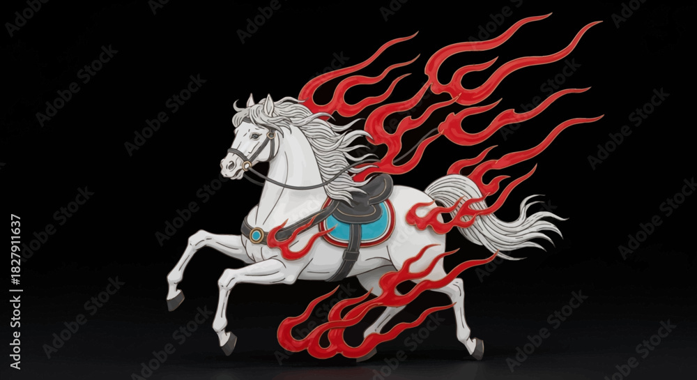 Fototapeta premium Powerful white horse illustration, dynamically adorned with vibrant red and orange flames, symbolizing mythical strength, speed, and untamed spirit, galloping with raw energy on a dark background