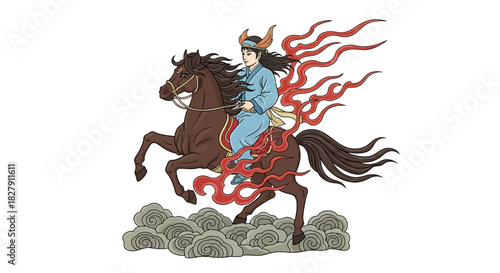 Vibrant illustration of a powerful East Asian mythical warrior riding a magnificent, flame-infused horse across mystical clouds, symbolizing legendary strength
