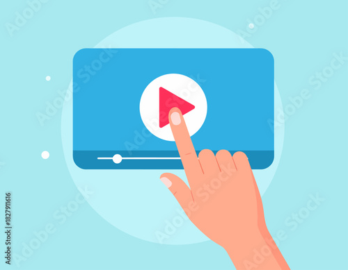 A hand is shown pressing the play button on a blue video player interface, with a seek bar at the bottom.