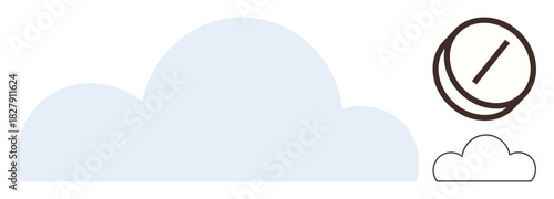 Large soft-edged cloud overlaps clock icon with slashed line. Ideal for time management, cloud storage, digital collaboration, task planning, technology, flexibility, simple flat metaphor