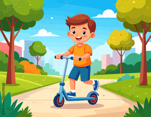A cheerful young boy rides a blue scooter on a path in a park with trees and buildings in the background, under a bright blue sky.