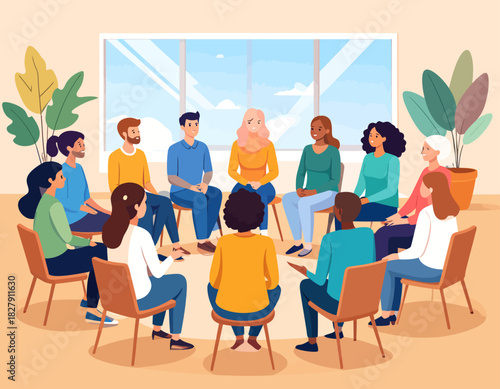 A diverse group of people are sitting in a circle on chairs, engaged in a meeting or therapy session, in a bright, airy room.