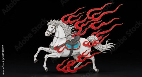 Powerful white horse illustration, dynamically adorned with vibrant red and orange flames, symbolizing mythical strength, speed, and untamed spirit, galloping with raw energy on a dark background