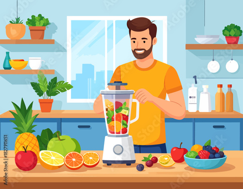 Man preparing a healthy smoothie in the kitchen, adding fresh fruits to a blender, with a bright and colorful composition.