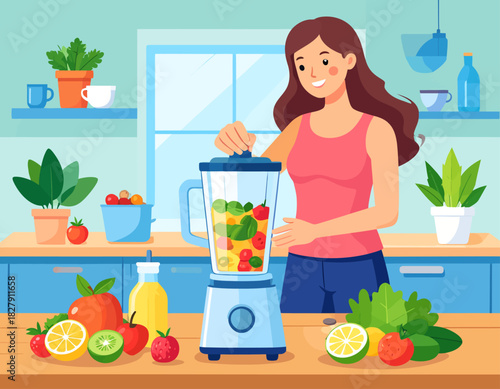 Woman preparing a healthy smoothie in a kitchen, placing the lid on a blender filled with fruits and vegetables.