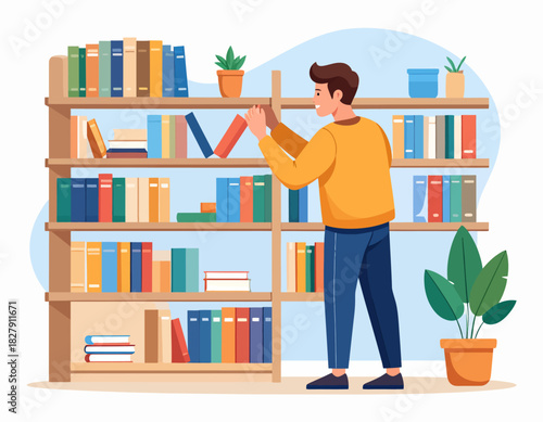 Illustration of a man arranging books on a wooden bookshelf filled with colorful books and potted plants in a bright room.