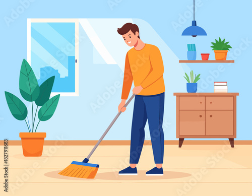 Smiling man sweeping a wooden floor in a bright, tidy room with plants and furniture.